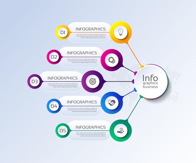 Präsentationsgeschäfts-infografik-vorlage bunt mit fünf schritten