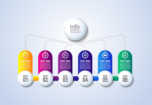 Präsentationsgeschäftsinfografikschablone bunt mit sechs schritt