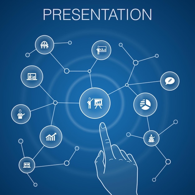 Präsentationskonzept, blauer Hintergrund. Lektor, Thema, Geschäftspräsentation, Diagrammsymbole
