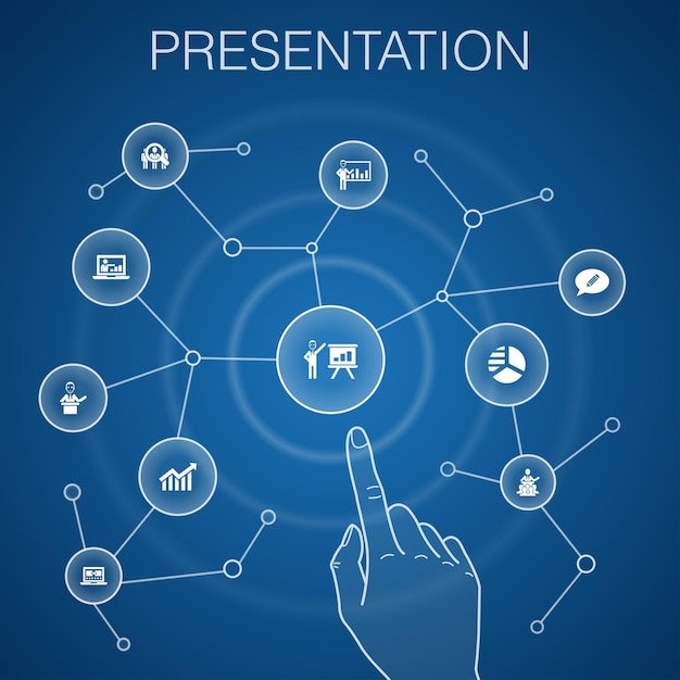 Präsentationskonzept, blauer hintergrund. lektor, thema, geschäftspräsentation, diagrammsymbole