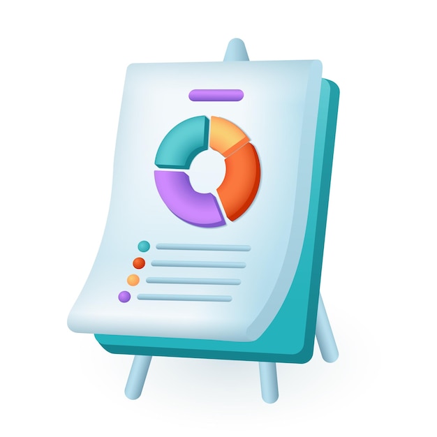 Vektor präsentationstafel mit diagramm 3d-darstellung. cartoon-zeichnung eines büro-whiteboards mit finanzbericht im 3d-stil auf weißem hintergrund. geschäfts-, marketing-, informations-, finanzkonzept