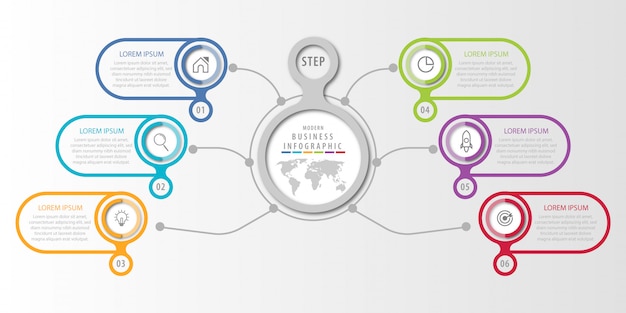 Präsentationsvorlage für geschäftsinfografikkonzepte mit sechs schritten.