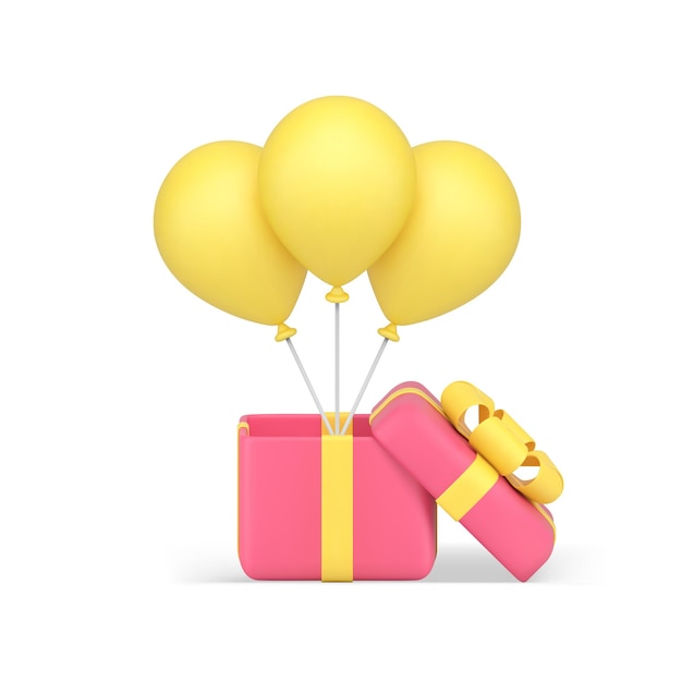 Präsentieren Sie offene Geschenkbox mit Helium-Luftballon Feiertagsgrußfeier Überraschung 3D-Symbolvektor