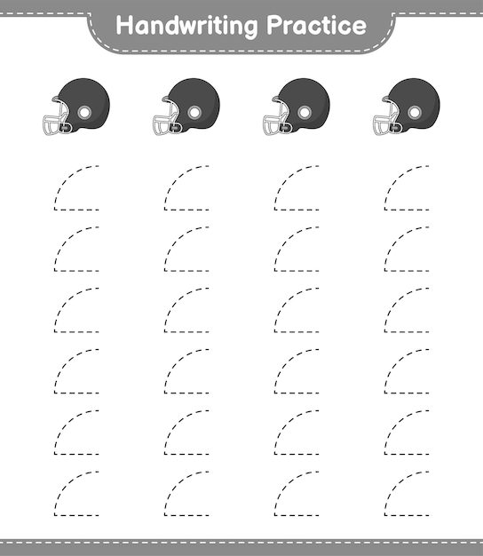 Praxis der handschrift. verfolgen von linien des football-helms. pädagogisches kinderspiel, druckbares arbeitsblatt, vektorillustration
