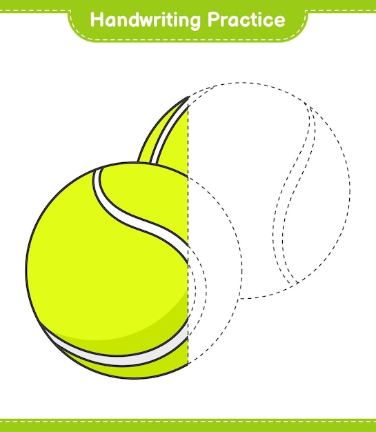 Praxis der handschrift. verfolgungslinien von tennisball. pädagogisches kinderspiel, druckbares arbeitsblatt, vektorillustration