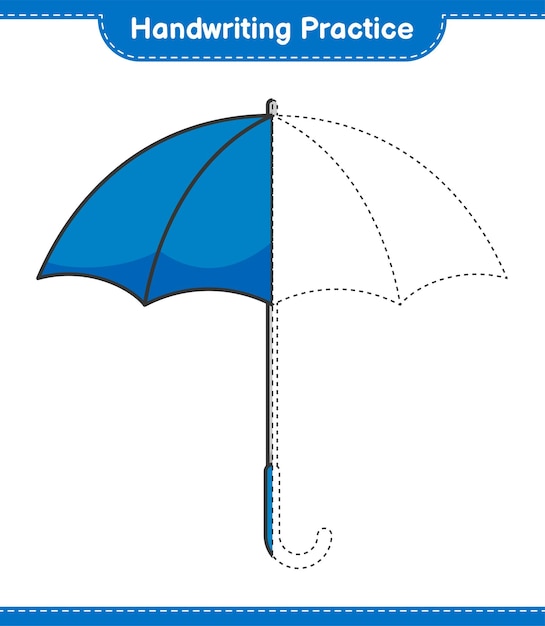 Praxis der handschrift. verfolgungslinien von umbrella. pädagogisches kinderspiel, druckbares arbeitsblatt, vektorillustration