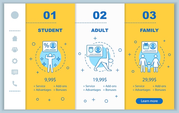 Preise für fitnessstudio-abonnements beim onboarding mobiler app-bildschirme vektorvorlagen tarifpläne für studentenfamilien für erwachsene walkthrough-websites kosten für die mitgliedschaft im fitnesscenter layout für smartphone-webzahlungen