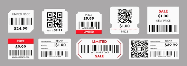 Vektor preise mit barcodes aufkleber-barcode-system für verkaufsartikelzeilenetiketten mit codes und qr-code lebensmittelgeschäft produktpreismarkierung vektor-einkaufskonzept