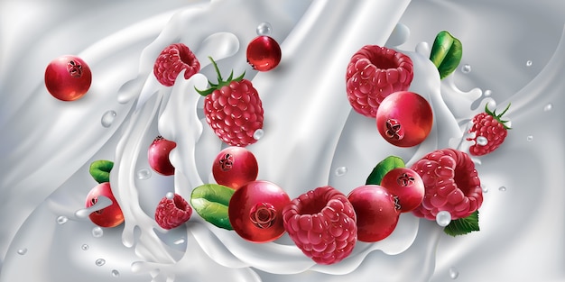 Preiselbeeren und himbeeren in einem spritzer aus einem strom gießender milch. realistische illustration.