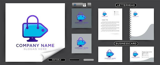 Preisschild-monitor lcd-einkaufstasche online-shop-logo ideen inspiration logo-design-vorlage vektor-illustration isoliert auf weißem hintergrund