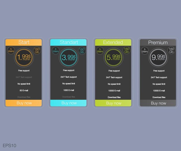 Preistabelle im tarifdesignstil für cloud-speicher von websites