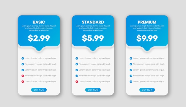 Vektor preistabellen und pläne für den vergleich der infografik-designvorlage