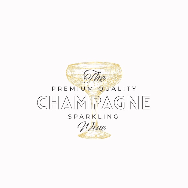 Premium-champagner-abstraktes vektorzeichen-symbol oder logo-vorlage handgezeichnete sektglas-skizze mit typografie-elegantem getränkeemblem