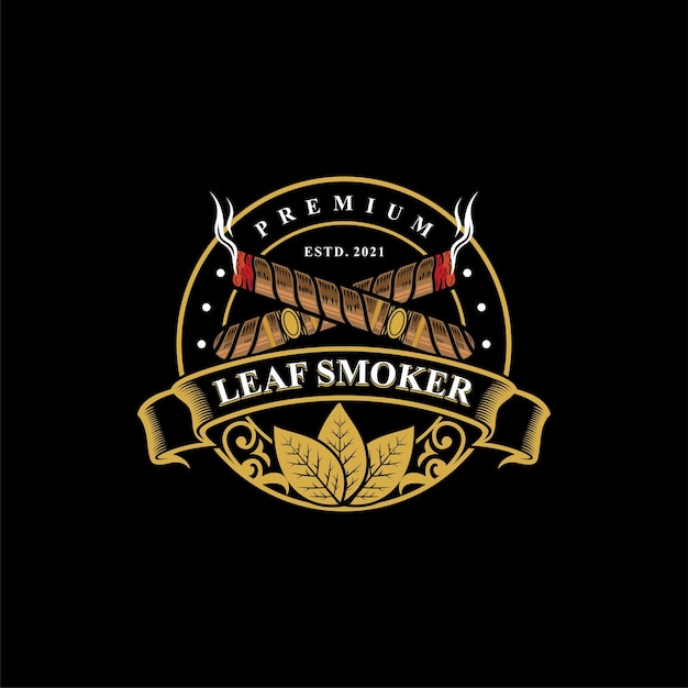 Premium Leaf Smoker Cigar Logo Rauchende Zigaretten Zigarre Abzeichen Logo Vektor-Illustration