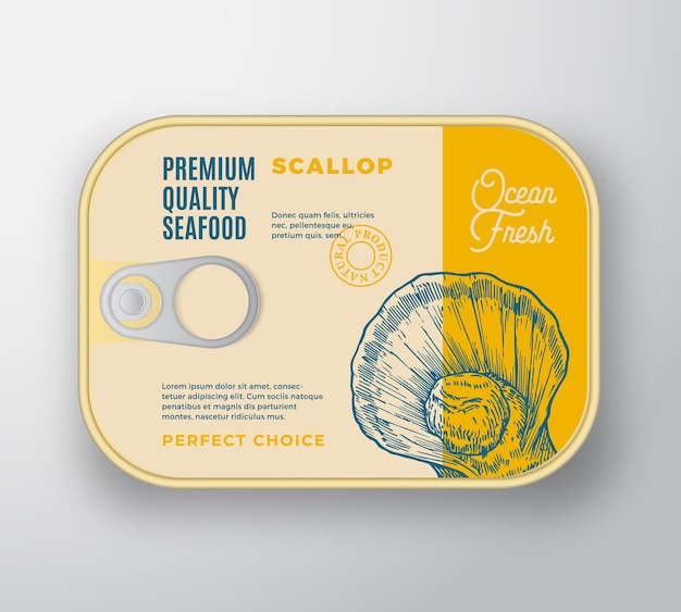 Premium-meeresfrüchte-aluminiumbehälter mit etikettendeckel.