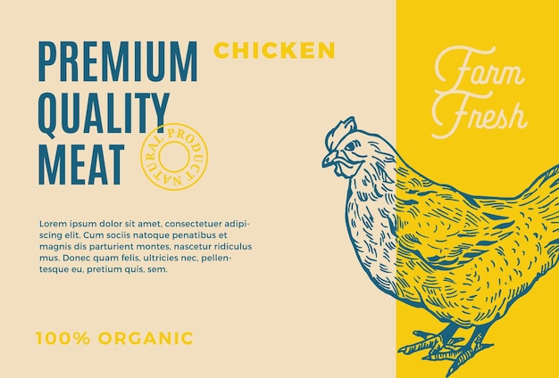 Premium-qualität chicken abstract vector fleisch verpackungsdesign oder label moderne typografie und handgezeichnete henne silhouette hintergrund-layout