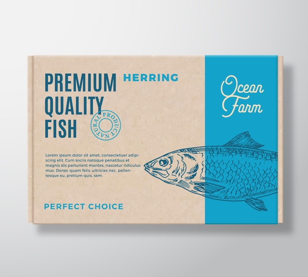 Premium-qualität fisch realistischer karton abstraktes vektor-verpackungsdesign oder etikett moderne typografie handgezeichnete hering-silhouette kraftpapier-hintergrund-layout