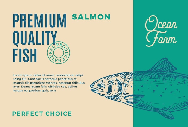 Premium-Qualität Lachs abstraktes Vektor-Fisch-Verpackungsdesign oder Etikett Moderne Typografie und handgezeichnete Lachs-Silhouette-Hintergrund-Layout