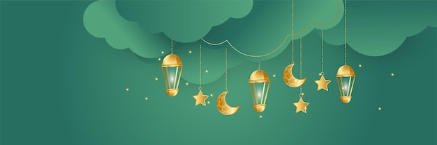 Premium Ramadhan Grün und Gold bunter breiter Banner-Design-Hintergrund