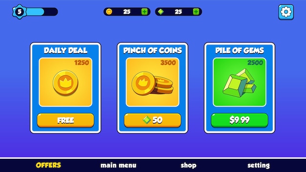 Premium-Spiel ui Angebot Bildschirm Pop-ups Edelsteine Hauptmenü Münzen