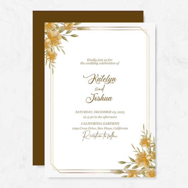 Premium-vektor hochzeitseinladungsvorlage mit aquarellblume