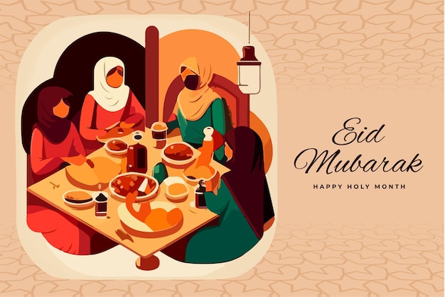 Premium-Vektor-Iftar-Illustration mit Menschen beim Essen