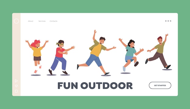 Preteen boys and girls outdoor fun on playground landing page template fröhliche kinder, die verstecken spielen, freuen sich