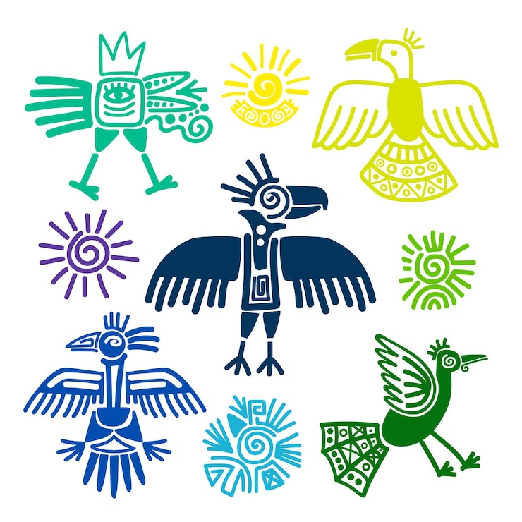 Vektor primitive stammesvögel malereien vektor-illustration. peru und ecuador indianer symbole auf weißem hintergrund white