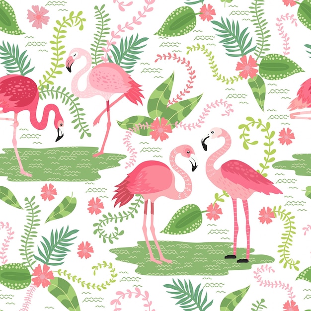 Printpink flamingos in verschiedenen posen nahtloses muster vektorbild