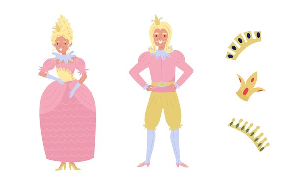 Prinz und Prinzessin tragen eine goldene Krone als fabelhafte königliche Familie Vektor Set