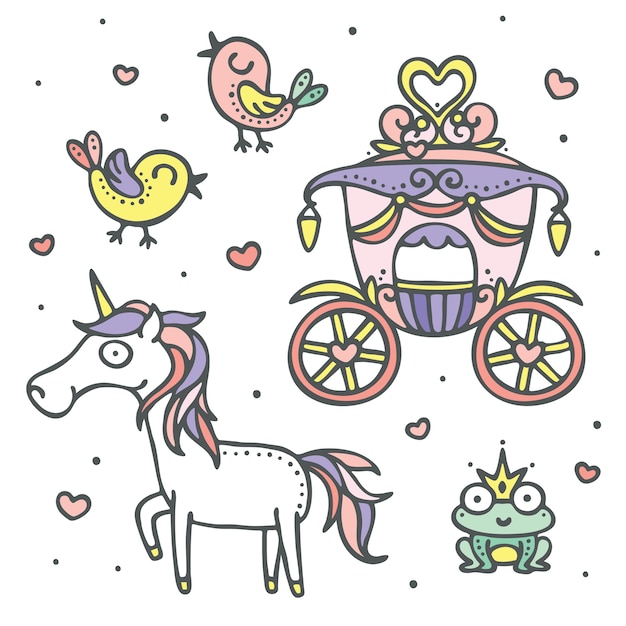 Vektor prinzessin wagen, einhorn, liebesvögel und froschprinz feenelement