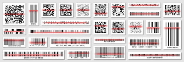 Produkt-Barcodes und QR-Codes mit roter Scanning-Linie, Identifizierung, Tracking-Code, Seriennummer