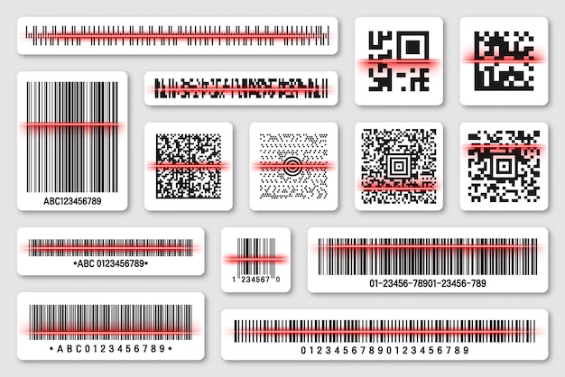 Produkt-Barcodes und QR-Codes mit roter Scanning-Linie, Identifizierung, Tracking-Code, Seriennummer
