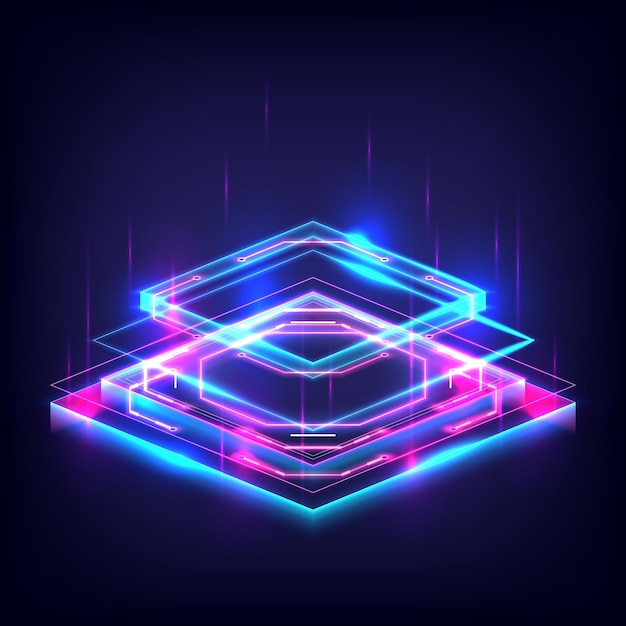 Produktanzeige und -präsentation Futuristische SciFi-Technologie Cyberpunk-Plattform Podest Cyber Square Podium Blaue und rosafarbene Hologramm-Neonbeleuchtung Magic Violet Gate in Game Fantasy