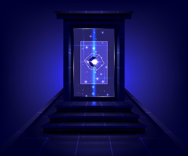 Vektor produktanzeigeschnittstelle produkt zeigt portal zu einem anderen universum teleport-podium scifi magic gate in game fantasy leuchtende projektorbasis