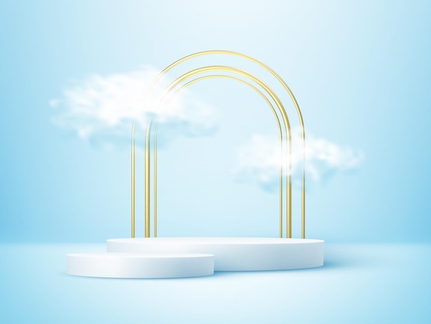 Produktausstellungspodest mit realistischer Wolke und goldenem Bogenrahmen verziert