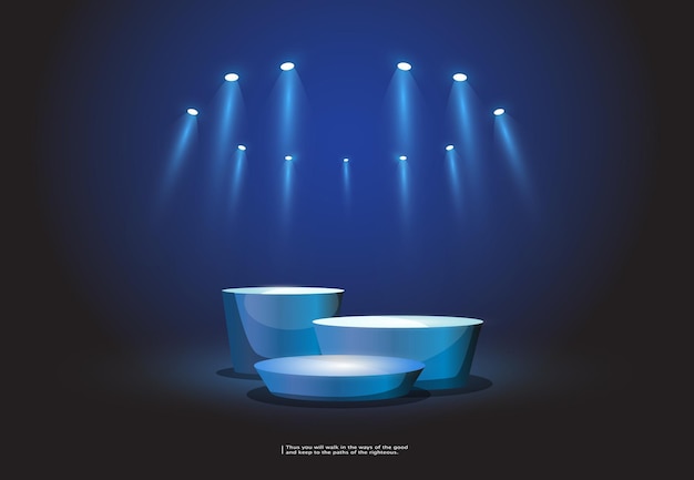 Produkte Hintergrund Leuchtkasten mit blauer Plattform auf blauem Hintergrund mit Strahlern Vektor illustrat