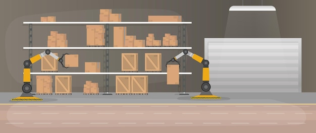 Produktionslager mit Kisten und Paletten. Roboterarm arbeitet in einem Lager. Roboterarm hebt Kisten an.