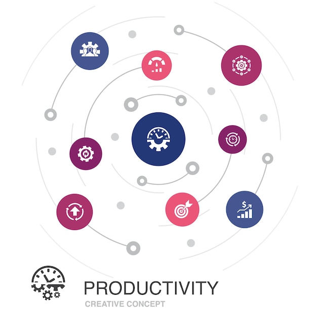 Produktivität farbiges kreiskonzept mit einfachen symbolen. enthält elemente wie leistung, ziel, system, prozess
