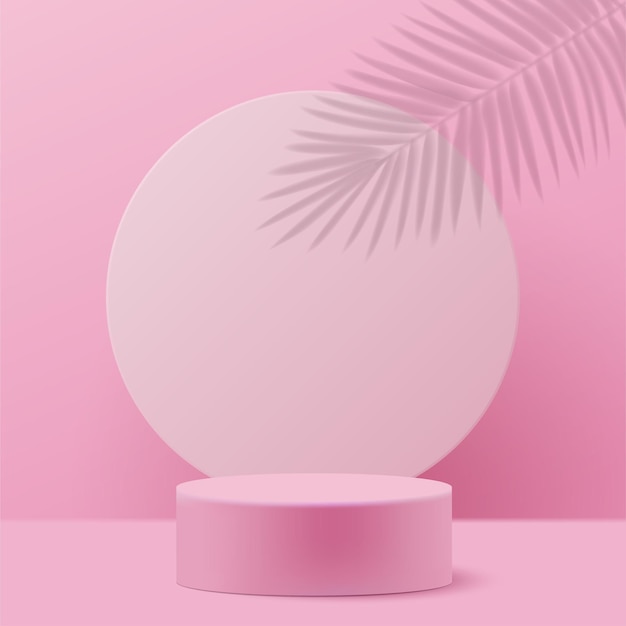 Vektor produktpodium mit palmenblattschatten auf rosa studiohintergrund. modell für ihr design. vektor-illustration.