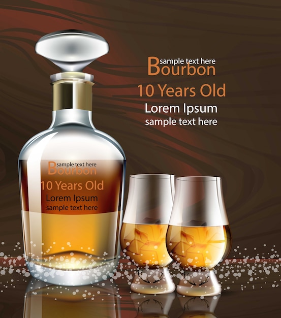 Produktverpackungsspott der Bourbon-Flasche und -gläser realistisches