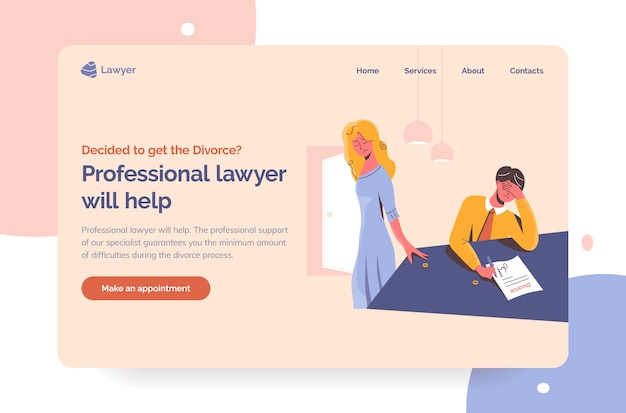 Professionelle anwaltshilfe für unglückliche paare im scheidungsprozess. vorlage für den ersten bildschirm der professionellen anwalt-landingpage. trauriger mann, der die scheidungsdokumente unterschreibt und frau, die ihren ehering abnimmt.