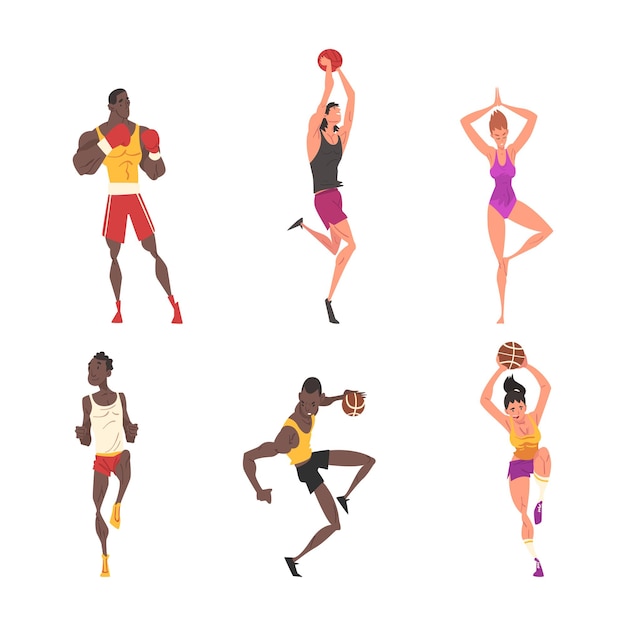 Professionelle Athleten, die Sport treiben, männliche und weibliche Charaktere, die Boxen, Basketball spielen, Volleyball spielen und Yoga machen. Cartoon-Vektorillustration