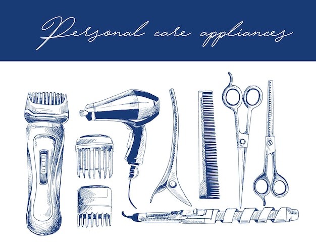 Professionelle friseurwerkzeuge mit kopienraumtext hand gezeichnete skizzen-vektorillustration