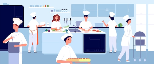 Professionelle Kochküche. Restaurantkoch, gewerbliche Lebensmittelindustrie. Flacher Koch und Kellner. Café kochen, Gastfreundschaft