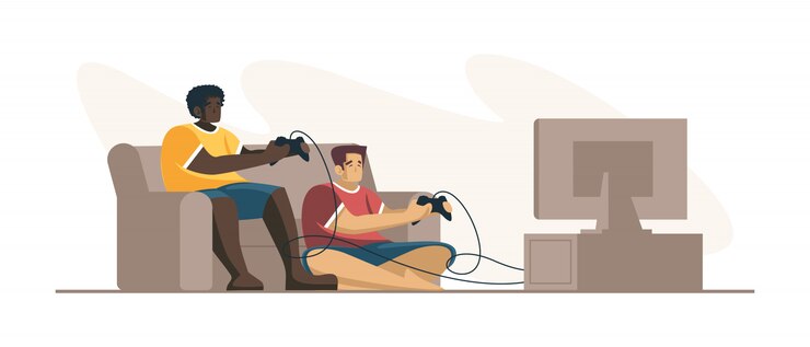 Professionelle Spieler mit zwei Personen, die einen Pad-Controller halten, der ein Videospiel am Fernsehbildschirm spielt. E-Sport-Spieler, Pro-Gamer-Konzept. Kopf- oder Fußzeile Banner Vorlage. Skalierbare und bearbeitbare Illustration.