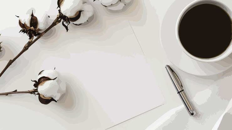 Vektor professioneller arbeitsbereich mit leeren notizen, stift, kaffeebecher und baumwollzweig auf einem weißen schreibtisch