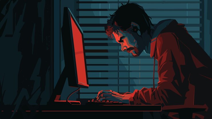 Vektor professioneller hacker benutzt computer in einem schwach beleuchteten raum