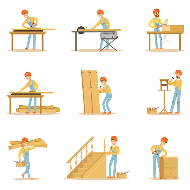 Professioneller Holzverbinder bei der Arbeit Herstellung von Holzmöbeln und anderen Bauelementen Illustrationen