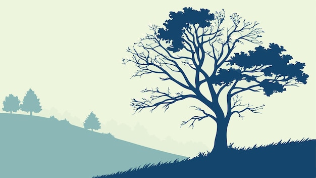 Professioneller Landschaftsvektor Blauer Baum-Silhouette auf einem Hügel SEO-Hintergrund